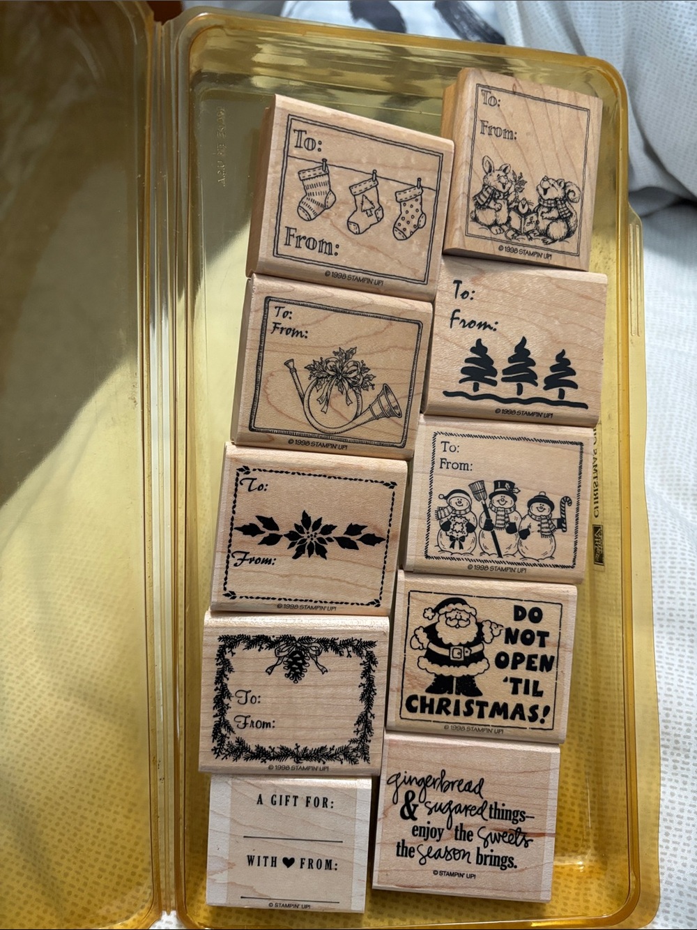 New Stampin' Up! Wooden Holiday Tag Stamp Set Black Ink Designs on Natural Wood